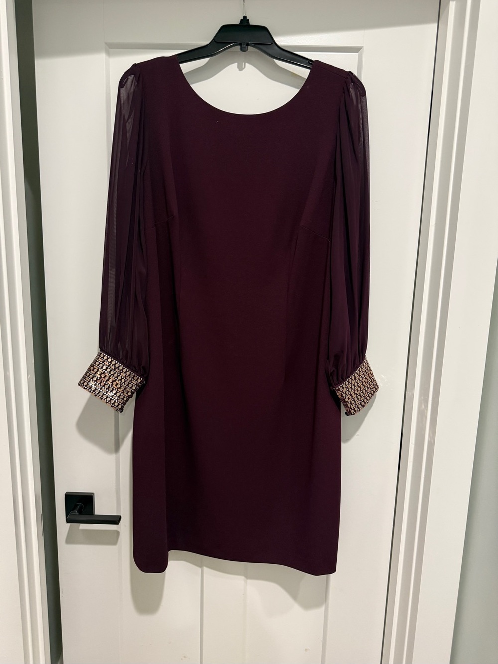 Elegant Calvin Klein Plum Sheath Dress with Sheer Sleeves, Embellished Cuffs